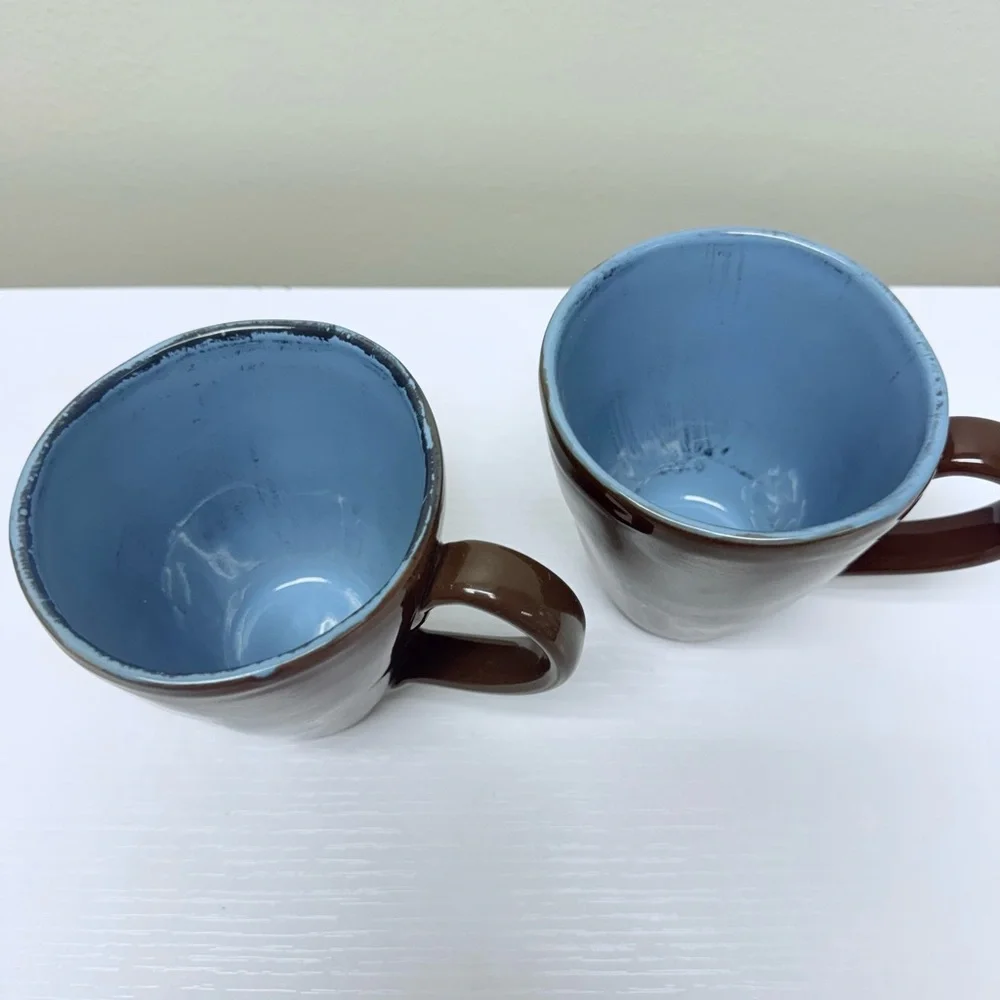 Pier 1 Imports Set of 2 Vintage Stoneware Coffee Cup Mugs, Italy, Brown & Blue